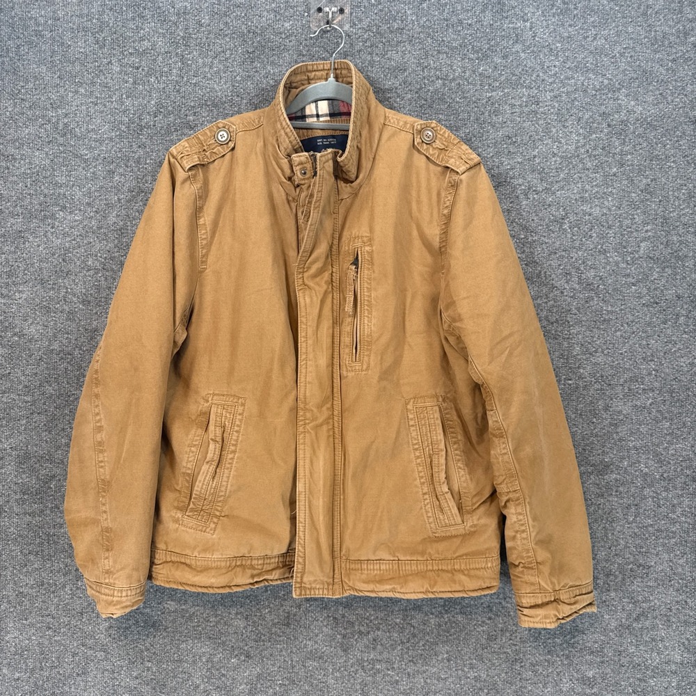 American Eagle Field Jacket Mens Large Khaki Canvas Flannel Lined Zip Up Coat